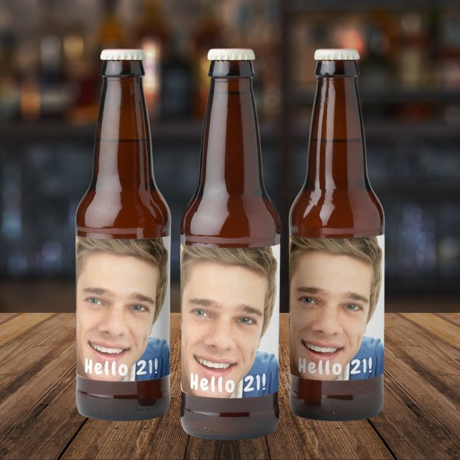 21st birthday hello 21 guys men photo beer bottle label (Creator Uploaded)