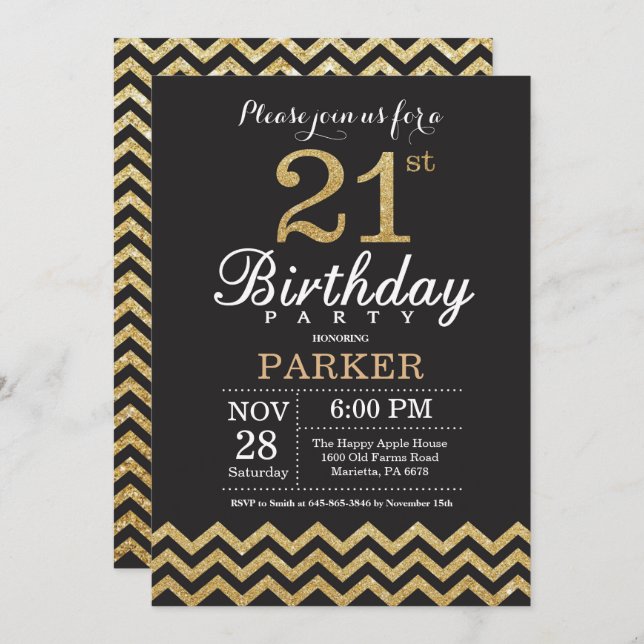 21st Birthday Invitation Black and Gold Glitter (Front/Back)