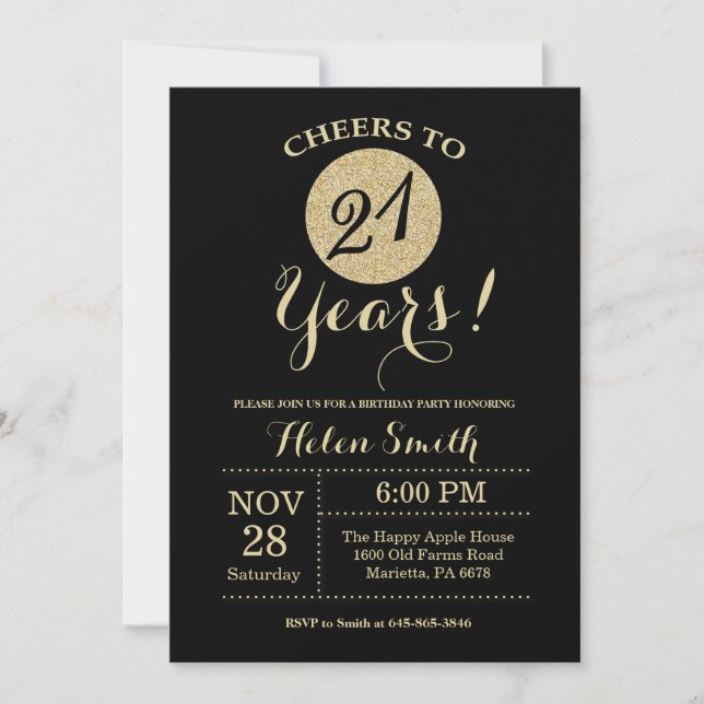 21st Birthday Invitation Black and Gold Glitter (Front)