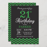 21st Birthday Invitation Black and Green Chevron