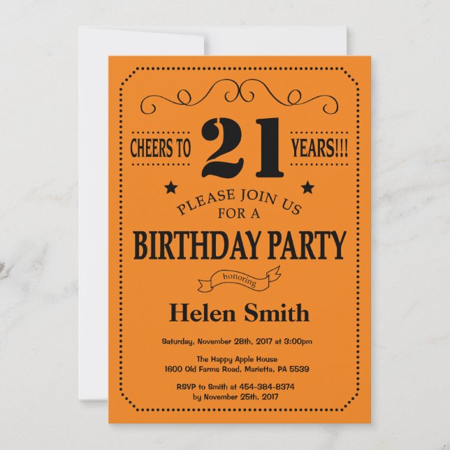 21st Birthday Invitation Black and Orange (Front)
