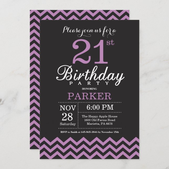 21st Birthday Invitation Black and Purple (Front/Back)