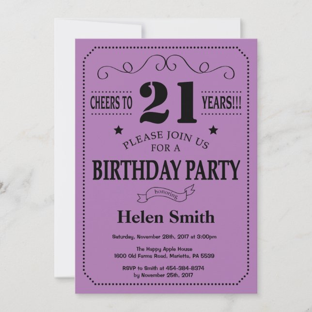 21st Birthday Invitation Black and Purple (Front)