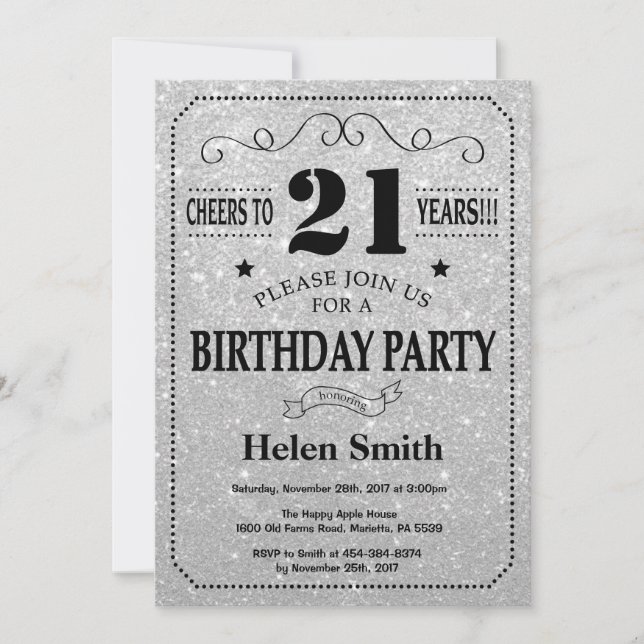 21st Birthday Invitation Black and Silver Glitter (Front)