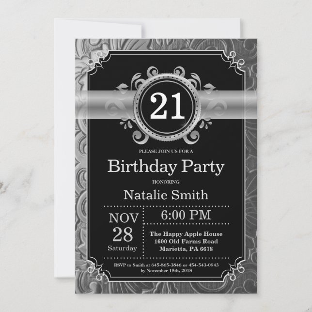 21st Birthday Invitation Black and Silver Glitter (Front)