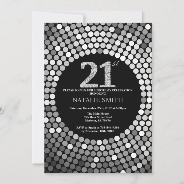 21st Birthday Invitation Black and Silver Glitter (Front)