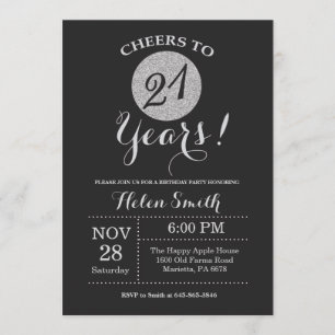 21st Birthday Invitation Black and Silver Glitter