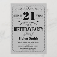 21st Birthday Invitation Black and Silver Grey