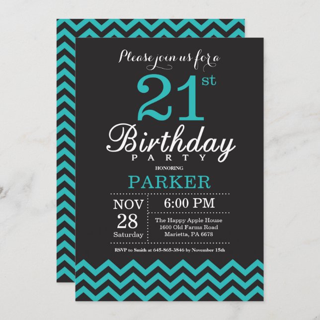 21st Birthday Invitation Black and Teal (Front/Back)