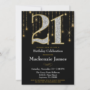 21st Birthday Invitation Black Gold Diamonds Adult