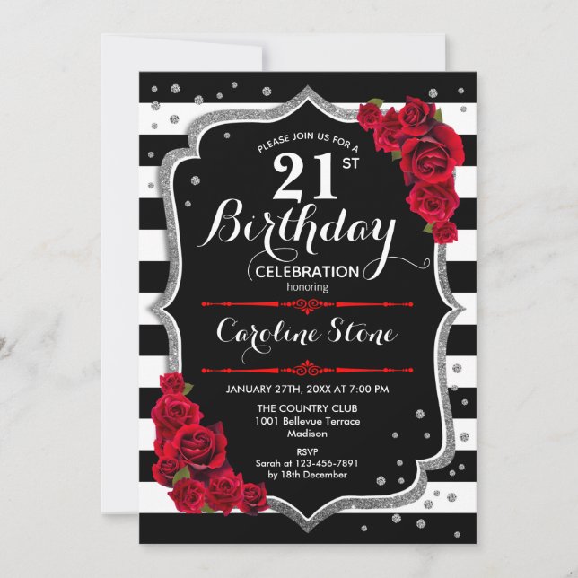 21st Birthday Invitation Black White Stripes Roses (Front)