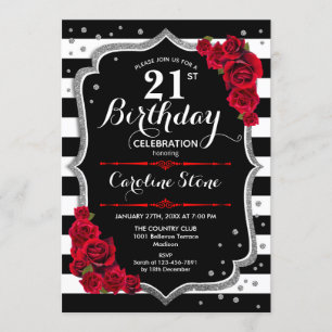 21st Birthday Invitation Black White Stripes Roses