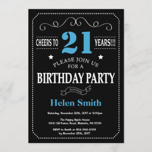 21st Birthday Invitation Blue and Black Chalkboard