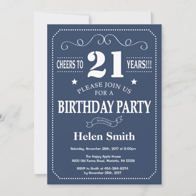 21st Birthday Invitation Blue and White (Front)
