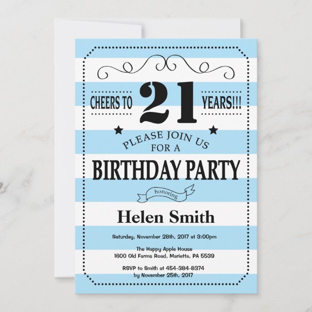 21st Birthday Invitation Blue and White Stripes (Front)