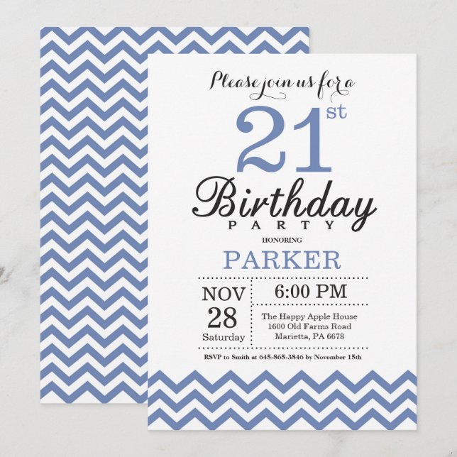 21st Birthday Invitation Blue Chevron (Front/Back)