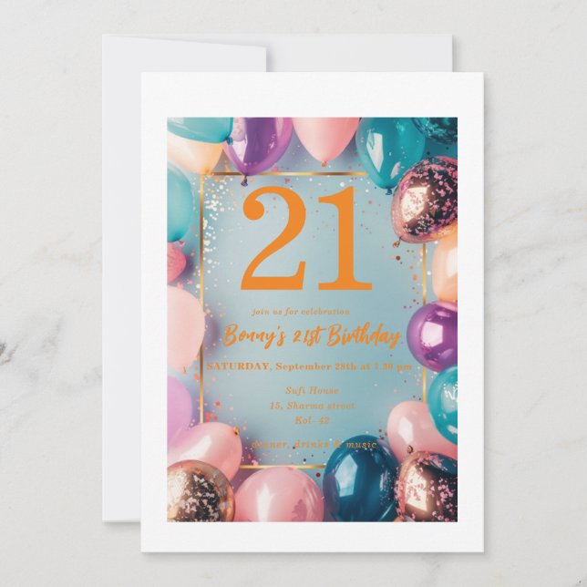 21st Birthday Invitation card designed with ballon (Front)