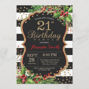 21st Birthday Invitation. Christmas Red Black Gold Invitation