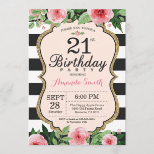 21st Birthday Invitation. Floral Pink Gold Black Invitation