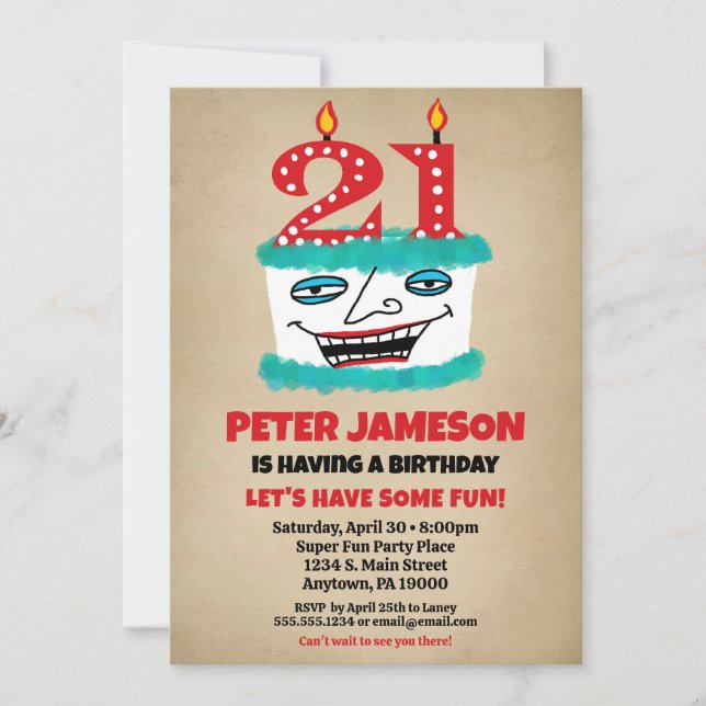 21st Birthday Invitation Funny Cake Casual Mens (Front)