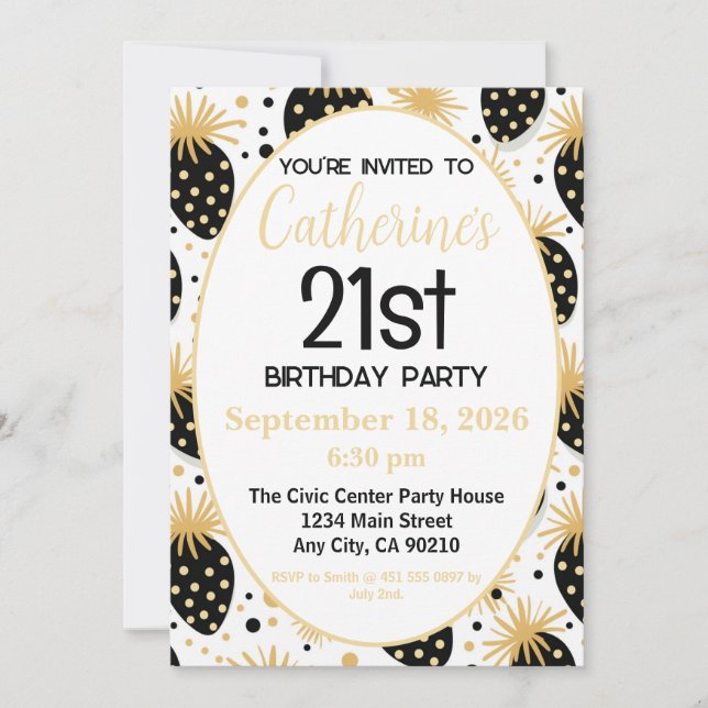 21st Birthday Invitation, Gold & Black Strawberry Invitation (Front)