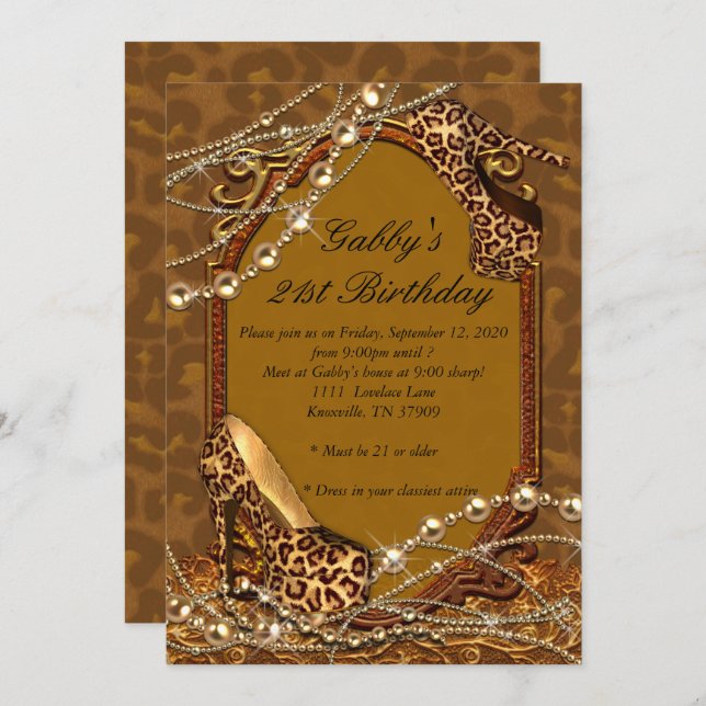 21st Birthday Invitation, Leopard print invitation (Front/Back)