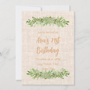 21st Birthday Invitation – Linen Greenery Twenty