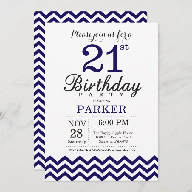 21st Birthday Invitation Navy Blue Chevron (Front/Back)