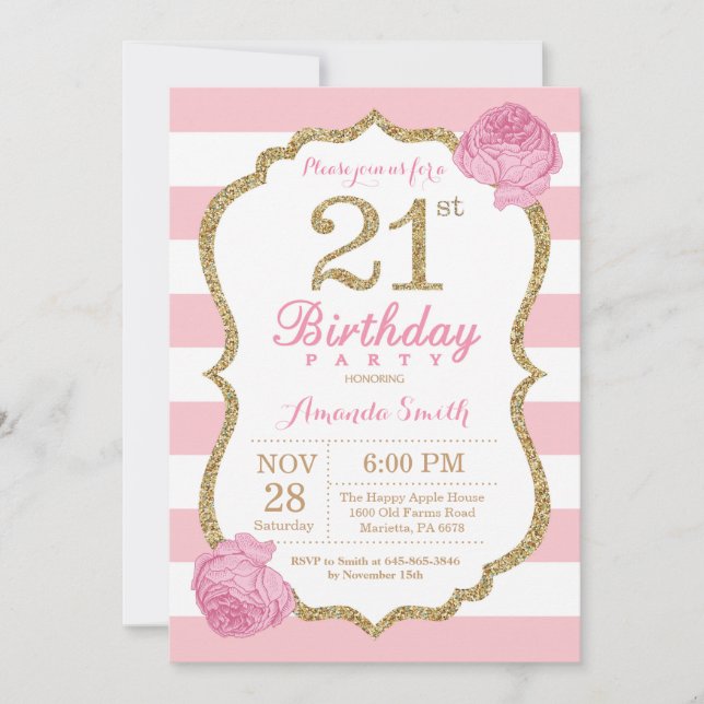 21st Birthday Invitation Pink and Gold Floral (Front)