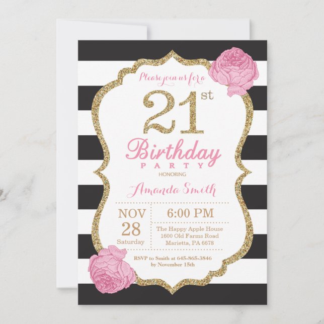21st Birthday Invitation Pink Black Gold Floral (Front)