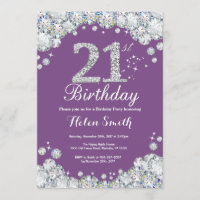 21st Birthday Invitation Purple and Silver Diamond