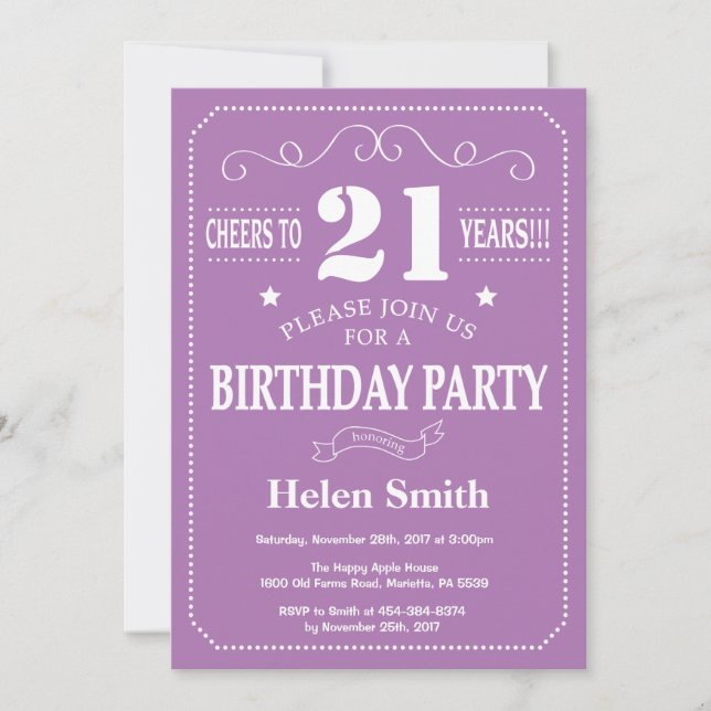 21st Birthday Invitation Purple and White (Front)