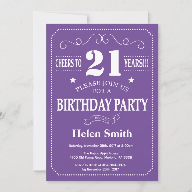 21st Birthday Invitation Purple and White (Front)