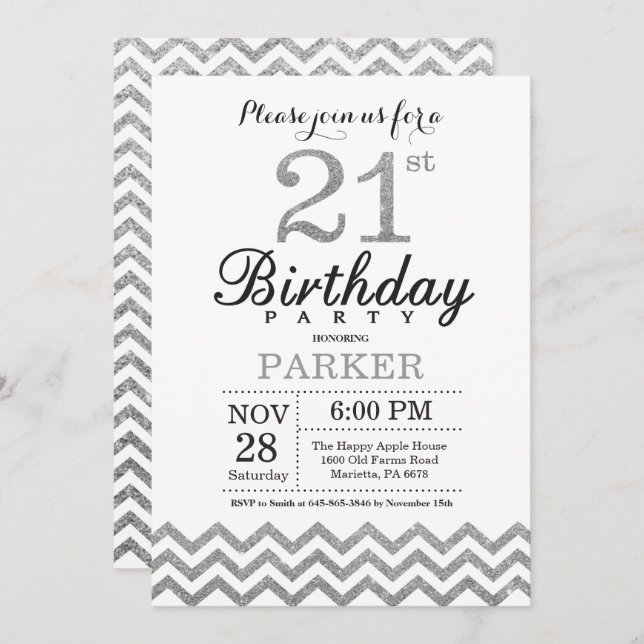 21st Birthday Invitation Silver Glitter (Front/Back)