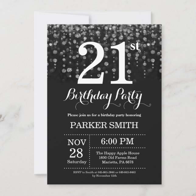 21st Birthday Invitation Silver Glitter (Front)
