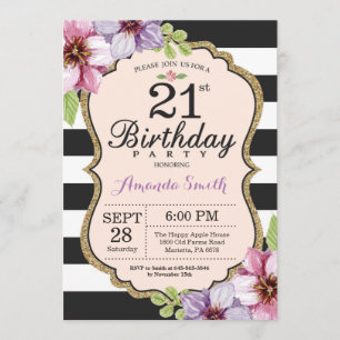 21st Birthday Invitation Women. Floral Gold Black