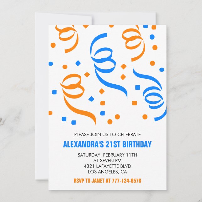 21st birthday invitations Confetti Orange Blue (Front)