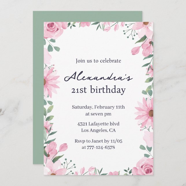 21st birthday invitations Floral Frame Pink Green (Front/Back)