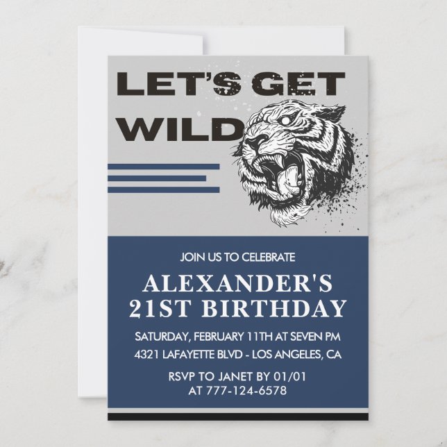 21st birthday invitations Men Party Let's Get Wild (Front)