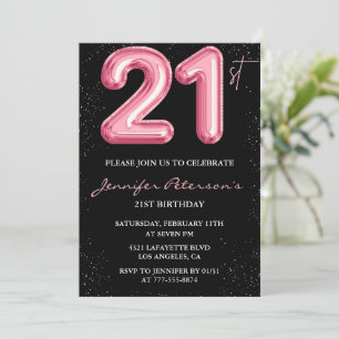 21st birthday invitations Pink Balloon Glam Black