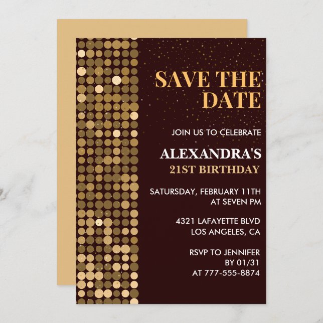21st birthday invitations Save the date Gold (Front/Back)