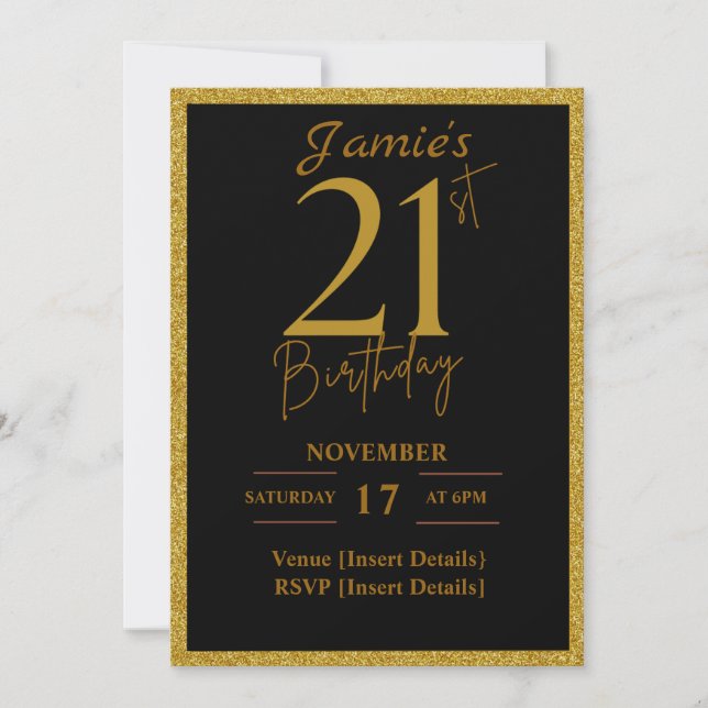 21st Birthday Invite Black and Glitter Gold (Front)