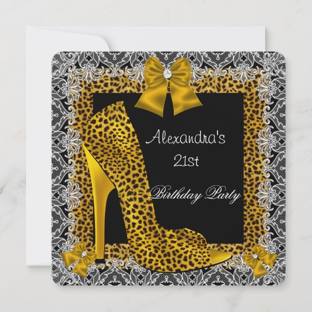21st Birthday Leopard Gold High Heel Shoe Lace 2 Invitation (Front)
