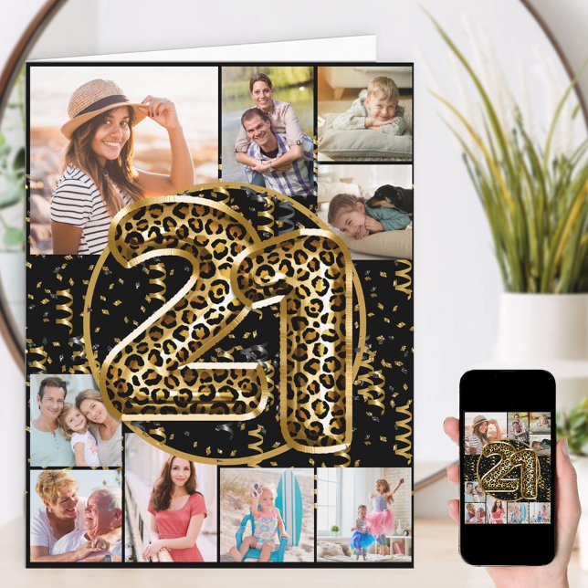 21st Birthday Leopard Print Gold Balloons Photo Card (Creator Uploaded)