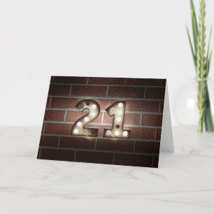 21st birthday-marquee light sign on brick card