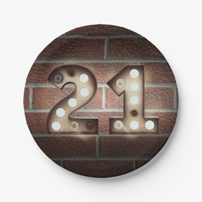 21st birthday marquee sign on brick wall paper plate (Front)