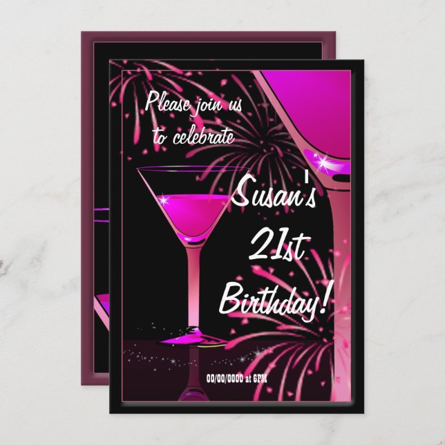 21st Birthday Martini Cocktail Pink Party Invitation (Front/Back)