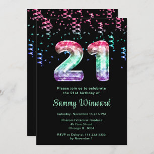 21st Birthday Mermaid Balloons with Confetti Invitation