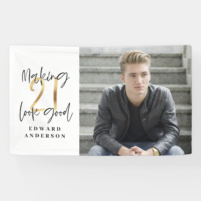 21st birthday modern black and gold photo collage banner (Horizontal)