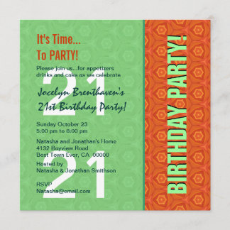 21st Birthday Modern Bright Green and Orange W821 Invitation